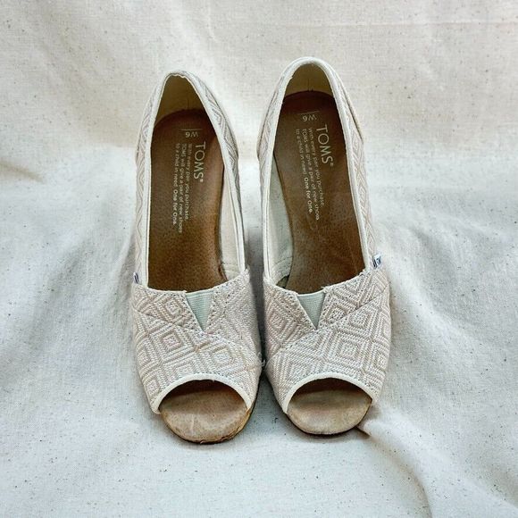 Toms Women's 6 Stella Cream Woven Peep Toe Sandals 3.5" Cork Wedge Heels - Picture 3 of 8